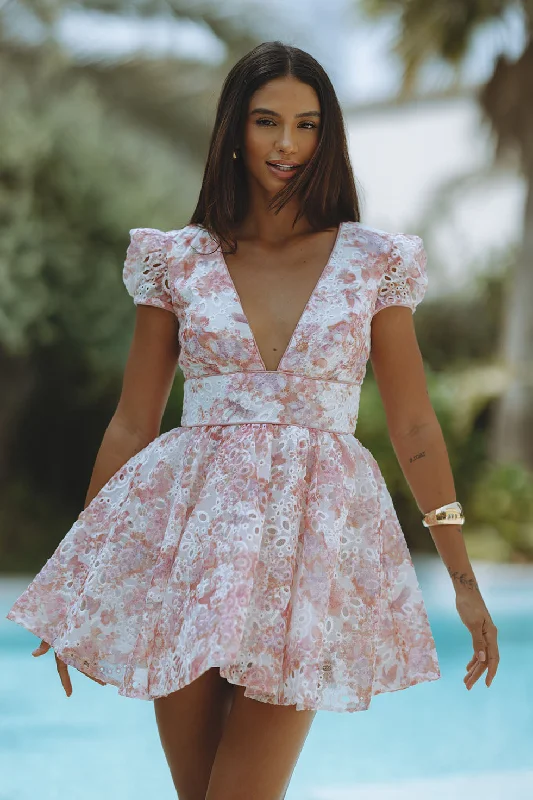 TAMARIN BRODERIE MINI DRESS - PINK FLORAL Unique Women's Upcycled