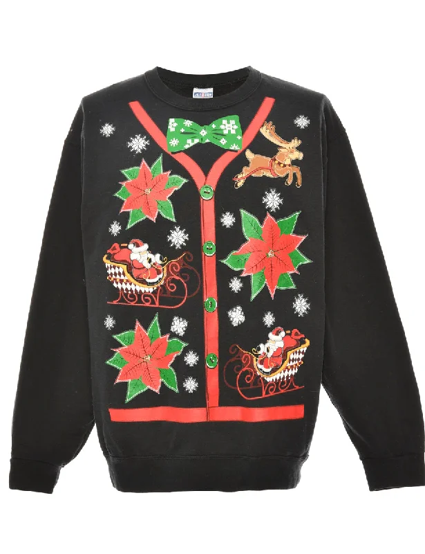Santa Claus & Reindeer Black Christmas Sweatshirt - L Women