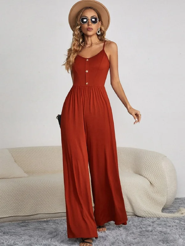 Decorative Button Spaghetti Strap Wide Leg Jumpsuit Country