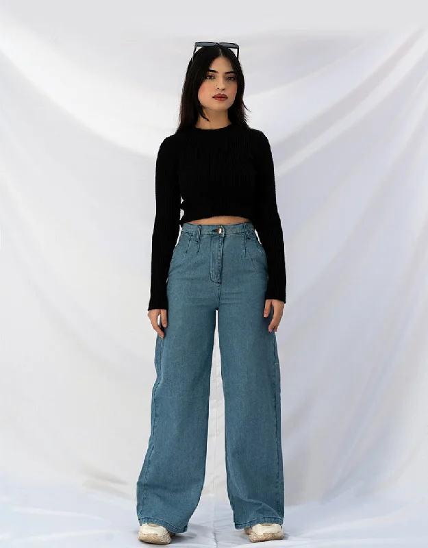Wide Leg Pleated Jeans Stone Wash Youthful Women's Pop