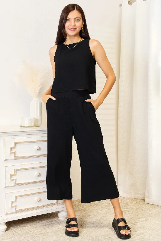 Double Take Buttoned Round Neck Tank and Wide Leg Pants Set Hip Women's Urban