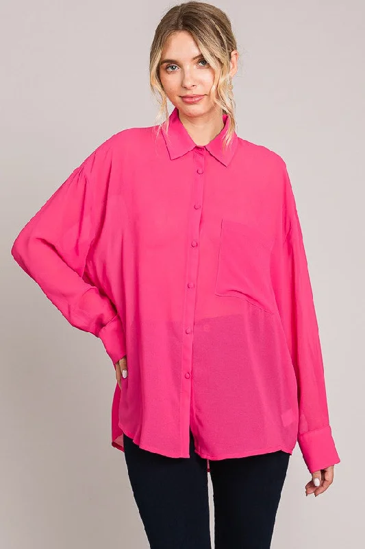 Fuchsia Sheer Button Down Blouse Practical Women's Quick - dry