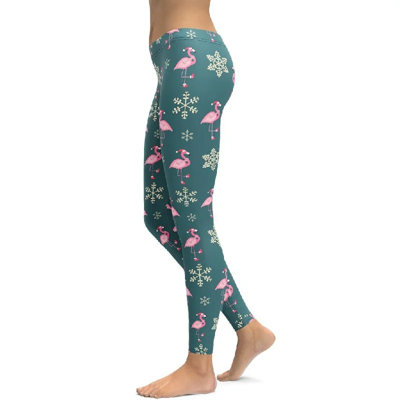 Festive Flamingos Leggings Sleek Women's Metallic