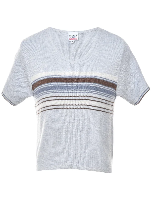 Striped Marl Grey Jumper - M Traditional Women's 