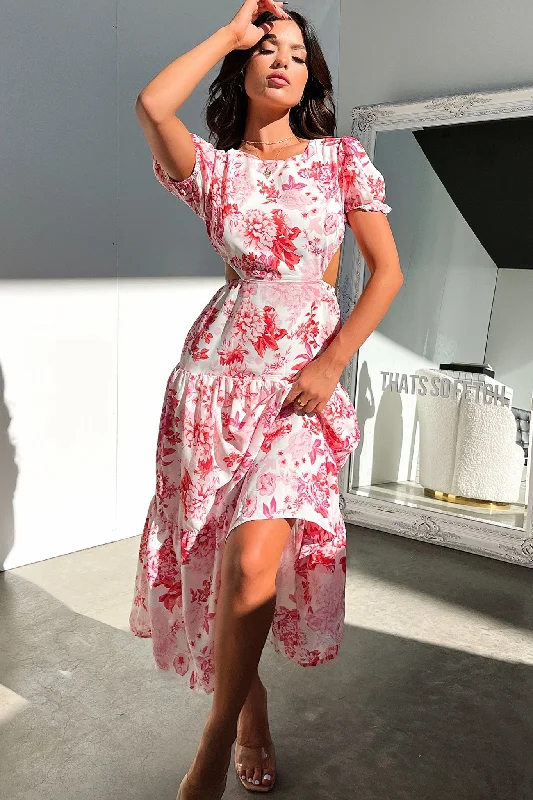 Sakia Midi Dress - Pink Floral Elegant Women's 