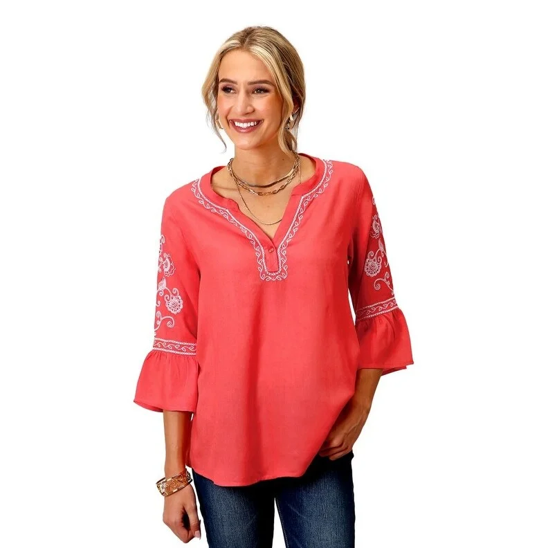Roper Western Shirt Womens 3/4 Embroidery Orange 03-050-0565-3022 OR Practical Women's Multi - 