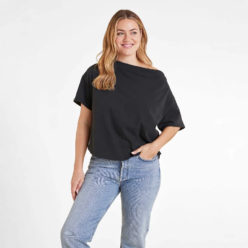 Vintage Cotton Off The Shoulder T-Shirt | Black Casual Women's Loose - fitting